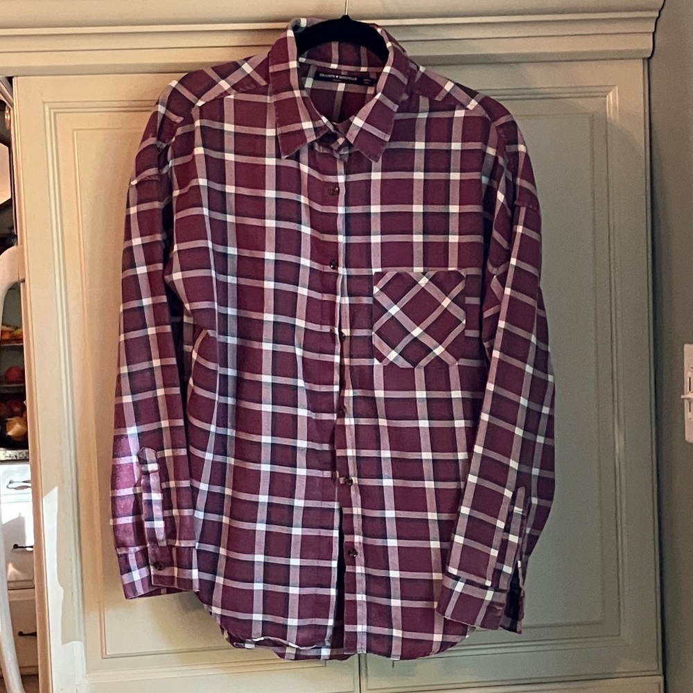 Brandy Melville Burgundy and White Plaid Button Down Shirt
